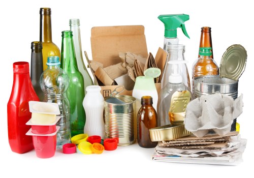 A collection of various waste items includes glass bottles in green, brown, and clear, plastic bottles in multiple colors such as red, white, and amber, along with aluminum cans stacked together. There are also paper and cardboard packaging, including crumpled paper bags and flattened cardboard boxes, placed on top of a pile of newspapers and tissue paper. The objects are arranged on a white surface within an indoor or outdoor setting, with some items leaning against each other. Clear plastic spray bottles and small containers are visible among the waste, with the background showing no specific environment details. The collection reflects typical household rubbish that a rubbish removal service like House Clearance Brimsdown would handle, especially within the Brimsdown area. The textures show smooth glass, shiny metal cans, matte paper, and glossy plastic, all in natural, muted colours that are common in household waste. Properly described for accessibility and local SEO, this detailed description supports the services offered for rubbish collection and clearance across the Brimsdown region.